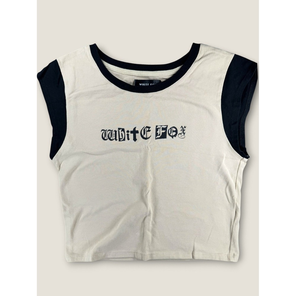 White Fox Boutique Ringer Crop Top Shirt Small Tan Black Gothic‎ Logo Gorpcore